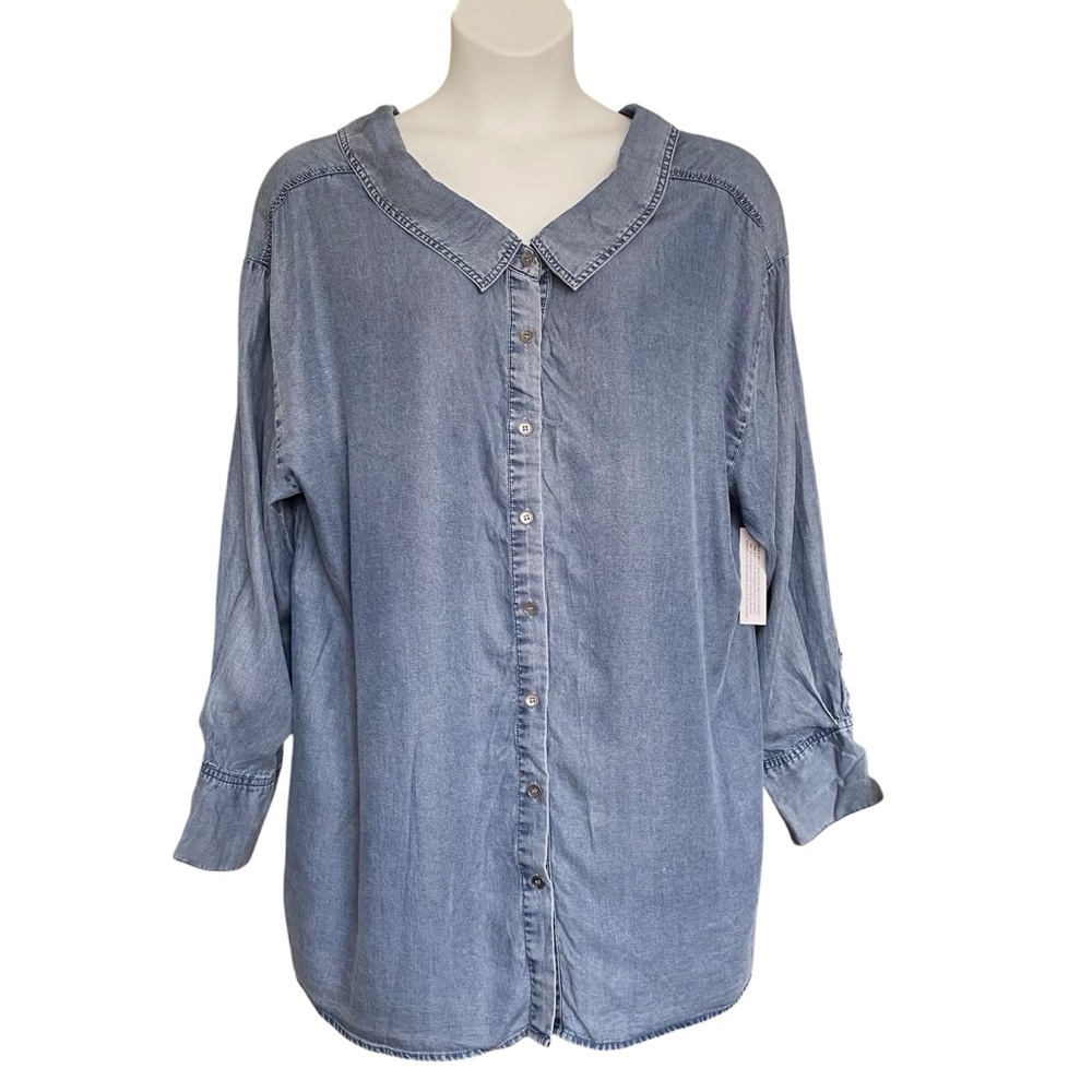 FATE Curve Denim Tencel V Neck Button Up Long Sleeve Top Womens Plus Size 2X NWT